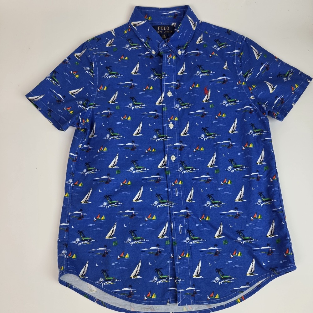 Polo Ralph Lauren Boys Size L 14/16 Button-Up Shirt Blue Woven Cotton Sailboat